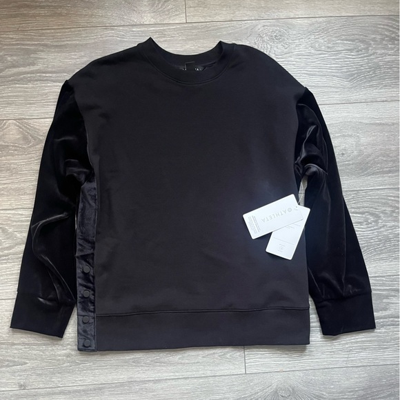 NEW Athleta Retroplush Velvet Crewneck Black Velour Button Details Size S Comfy - Picture 1 of 10